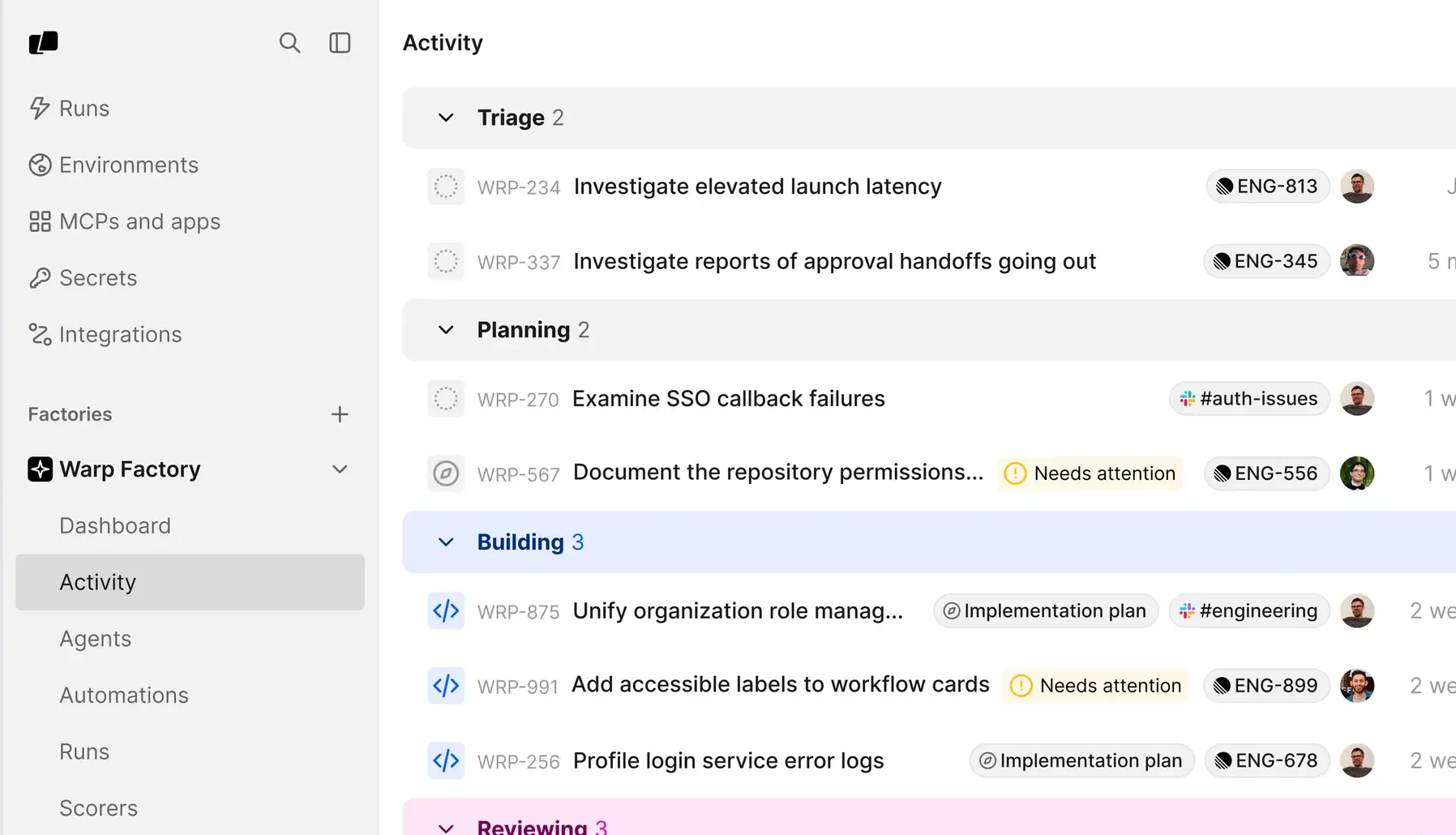 The Activity page of the factory dashboard, listing work items grouped under Triage, Planning, Building, and Reviewing.